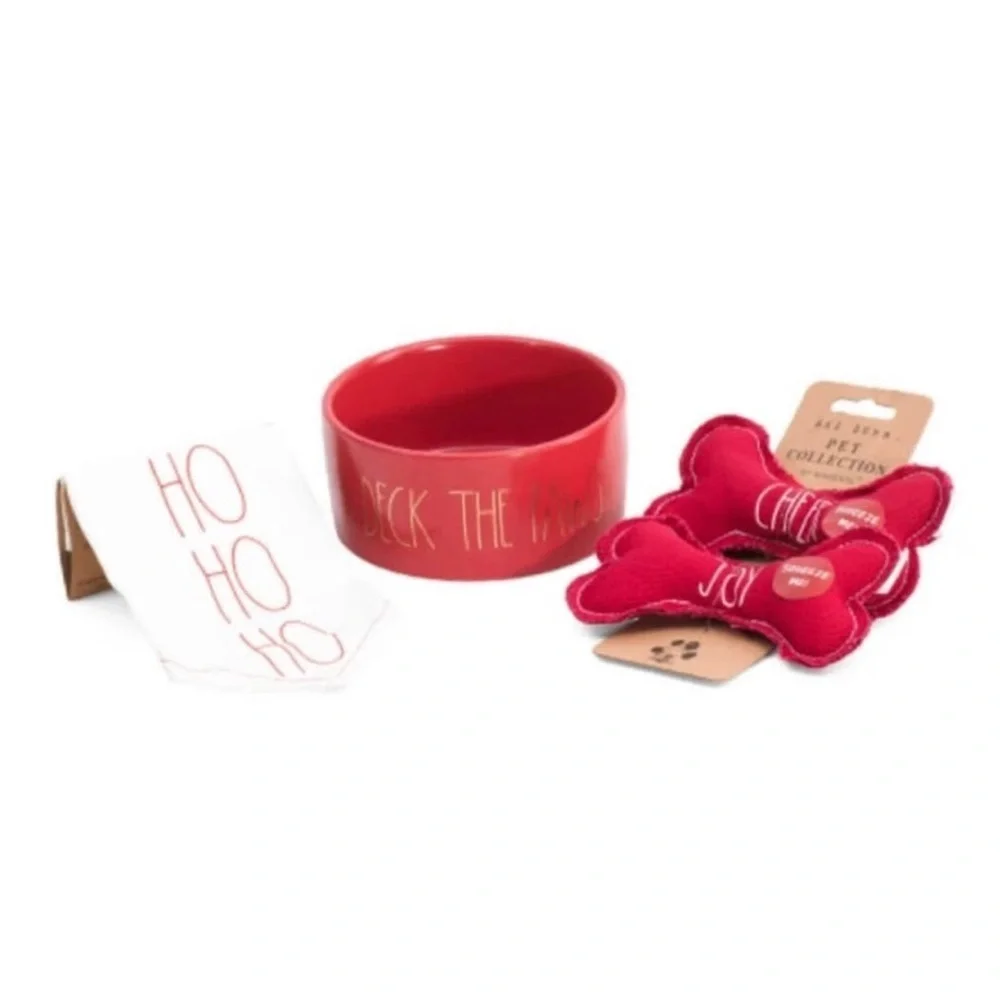 Rae Dunn Dog Food Bowl Christmas Gift Set “DECK THE PAWS” W/ Pet Bandanna & Toy
